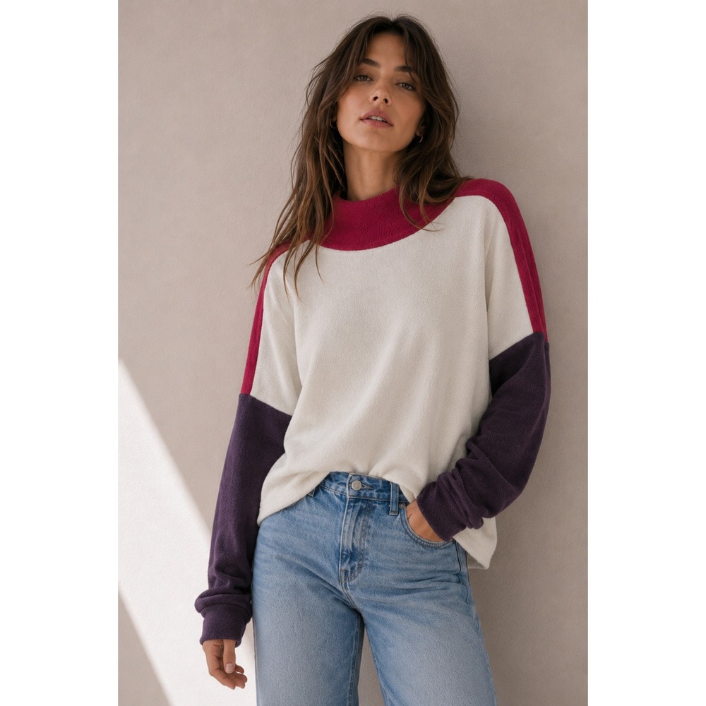 Maeve Anthropologie Colorblock Fleece Mock Neck Sweatshirt XL Cream Red Purple